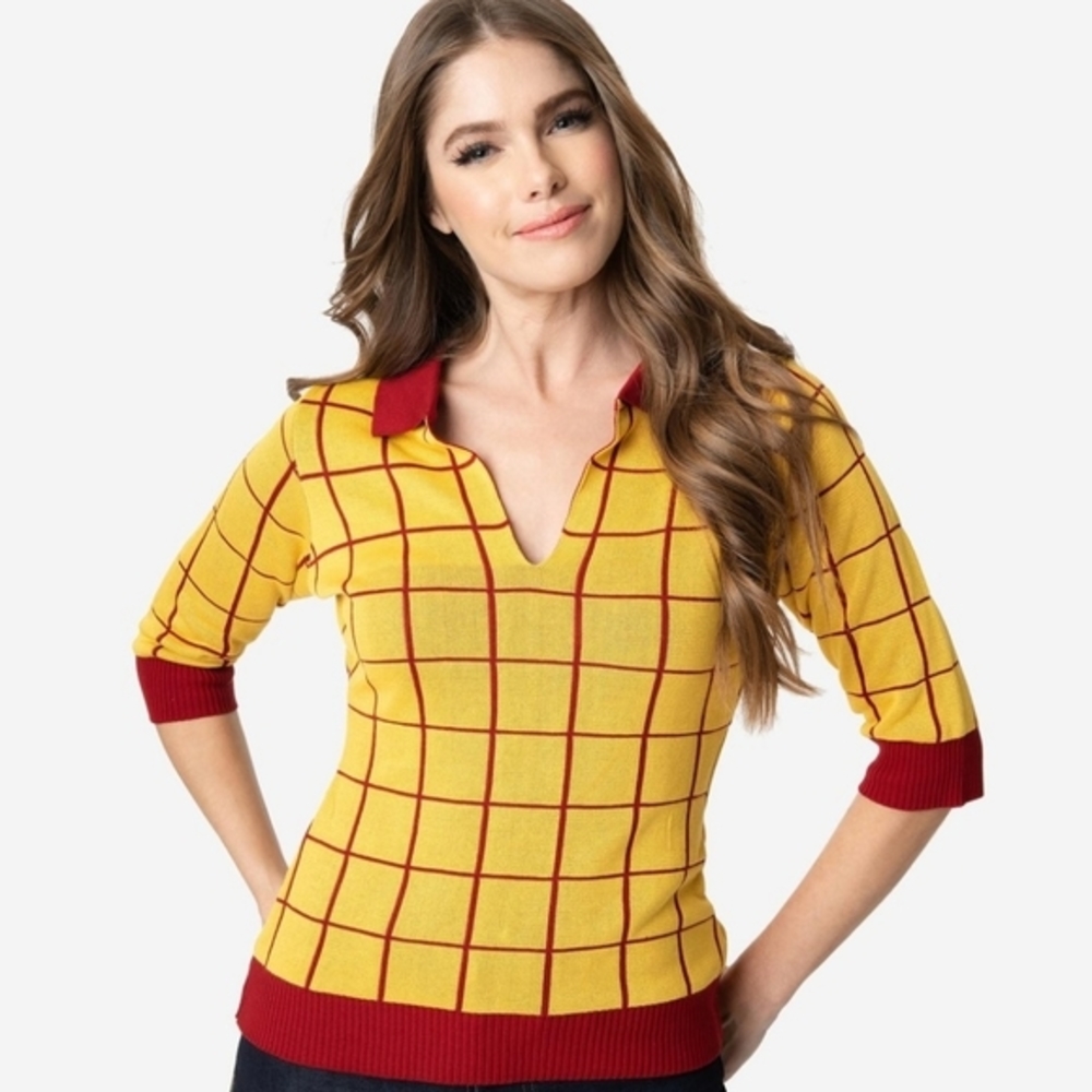 Elhoffer Mustard Yellow and Burgundy‎ Checkered "Toy Story" Cowboy Knit Sweater